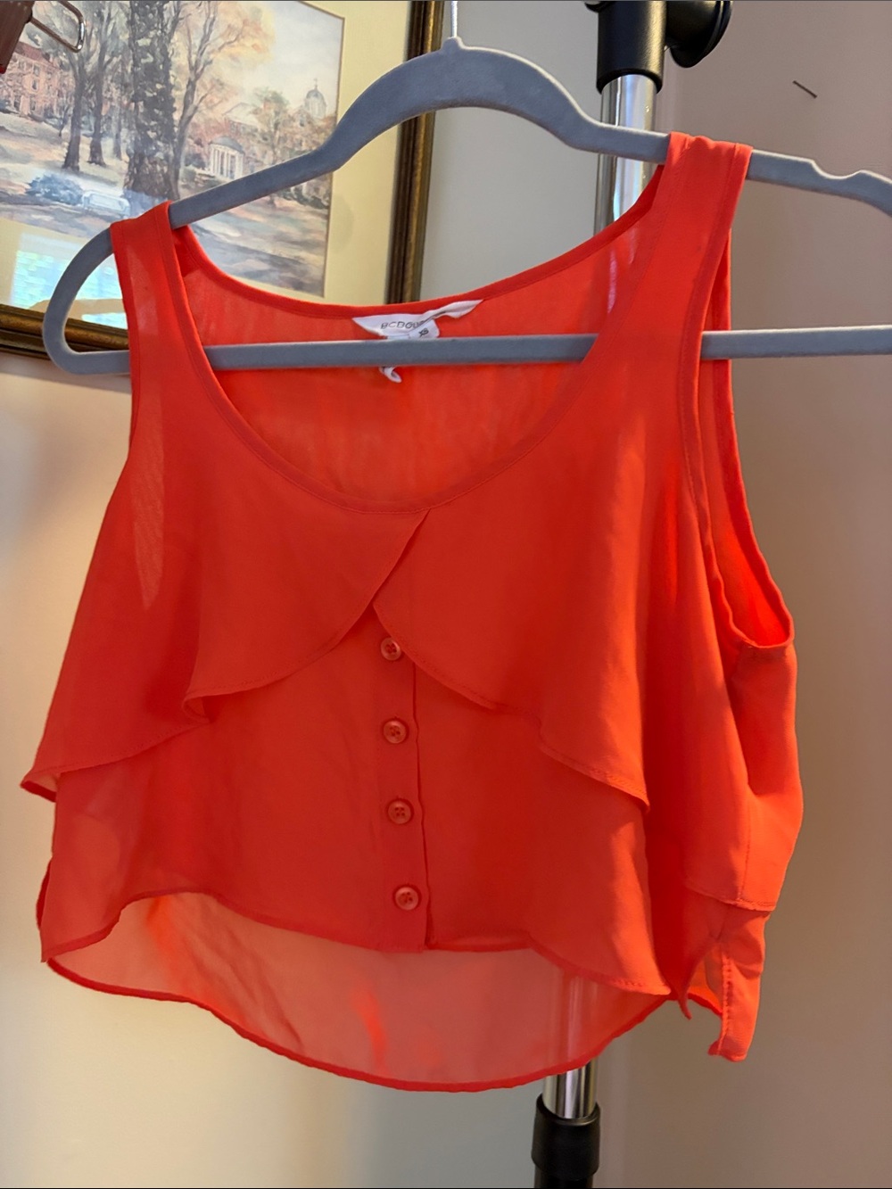 Lightweight Orange Sleeveless Ruffle Button-Front Top